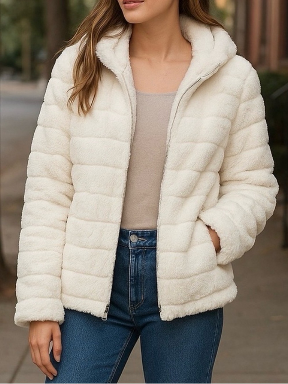 Bellivera Off White/ Cream Faux Fur Hooded Puffer Jacket Size XL Cozy Warm